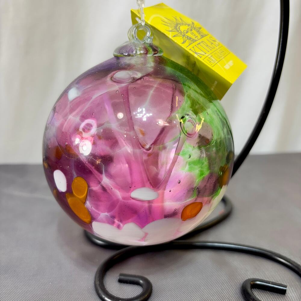 Kitras Art Glass Fairy Orb Black Metal Stand 13" Circumference Handblown